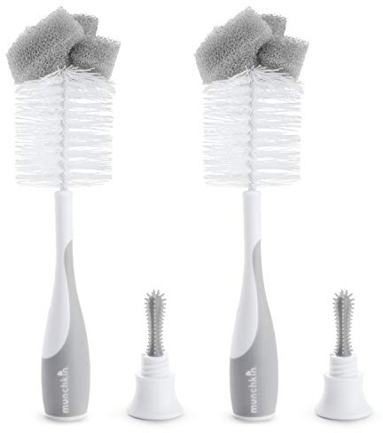 Munchkin Flaschenbürste, 2-in-1 Schwammbürste & Babyflaschenbürste zum Reinigen von Fläschchen, weich & wiederverwendbar mit integrierter Saugerbürste, spülmaschinenfest, 2er-Set - Grau