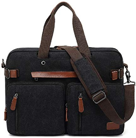 Cicilin Sacoche Ordinateur Portable Convertible Sac Bandoulière Sac à Dos et à Main Porte-Documents Multi-Poche pour Voyage/Hommes/Randonnée/Université/Travail (Toile, Noir, 15 Pouces)