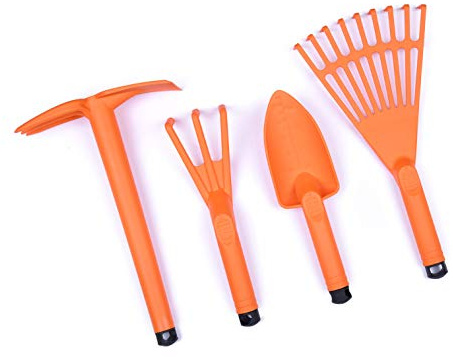 Mintra Garden Tool Set, 4-Piece Heavy Duty Gardening Tools, Includes Cultivator, Trowel, Shovel & Rake, Durable Poly Material & Non-Slip Handle, Planting, Potting, Yard Work, Landscaping – Orange