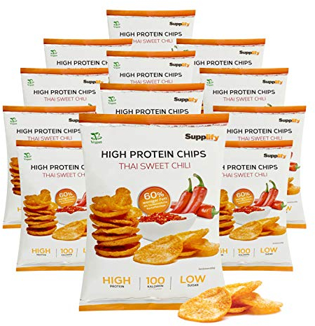 Supplify Protein Chips (Thai Sweet Chili, Vegan) - Eiweiß Snack zum Abnehmen oder Muskelaufbau - die leckere Alternative zu Protein-Pulver oder -Riegel (12x50g)