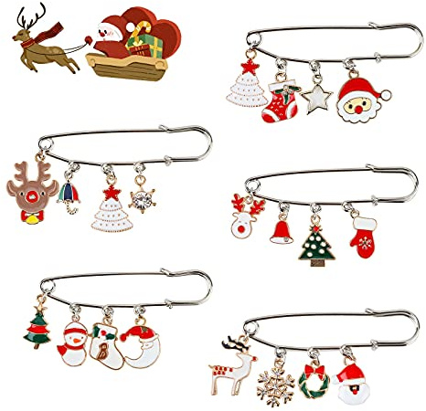 5 Stück Weihnachten Brosche Pins, Brosche Anhänger für Schal Kragen Pullover Hut, Sicherheitsnadel Brosche Weihnachtsschmuck Urlaub Schmuck für Frauen Kinder, Winter Party Decor Party Favors