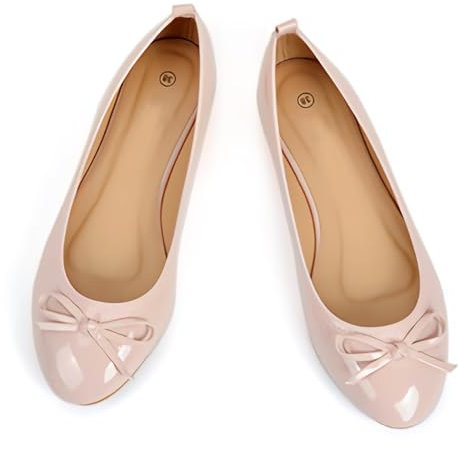 Dernolsea Womens Ballet Flats, Patent Leather Bow Round Toe Foldable Flat Slip On Pumps Dolly Ballerina Shoes Pink Size 7