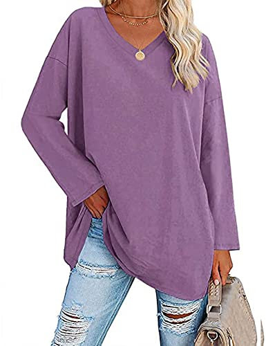 Famulily Women's Comfy Tunic T Shirt Loose Fitted Long Sleeve Tee Shirts Ladies Elegant V Neck Tops Purple XXL