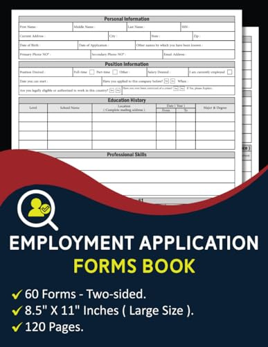employment application forms Book | job application form | 120 Pages | 8.5 x 11 inches.
