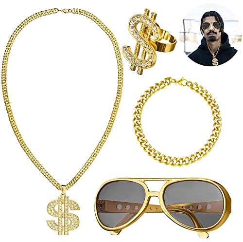 JOKILY 4 Stück Dollar Kette Set, Zuhälter Kostüm, 80er 90er Jahre Outfit Herren Hip Hop Kostüm Goldkette Herren Sonnenbrille Goldene Dollar Kette Ring für Karneval Fasching Mottoparty Foto Requisiten