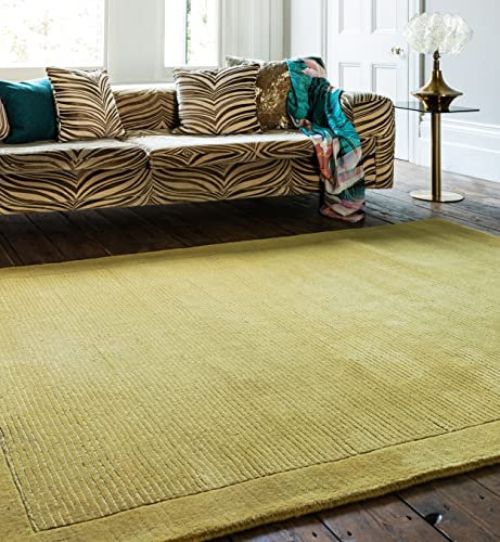 Lord of Rugs Teppich aus 100 % Wolle, für Wohnzimmer, Esszimmer, Schlafzimmer, handgefertigt, modern, eingefasst, Qualität, weich, York, einfarbig, Gelb, Größe S 80 x 150 cm