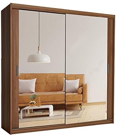 Samsun Modern Double Sliding Mirror Door Wardrobe Bedroom with Adjustable Hanging Rails, Shelves Storage Cupboard For Home Furniture (Walnut, 120cm)