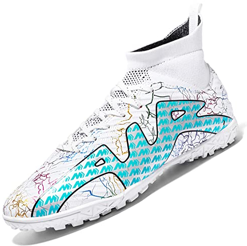 VTASQ Fußballschuhe Herren High Top Microfaser Cleats Athletics Fußballschuhe Erwachsene Trainingsschuhe Professionelle Outdoor Sport Turf Football Schuhe Unisex Weiß Türkis EU 38