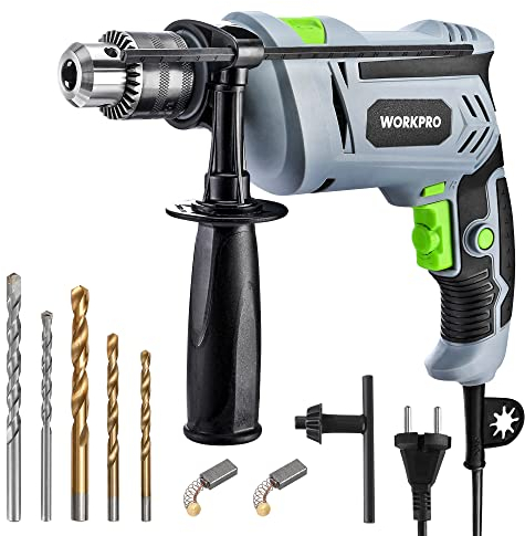 WORKPRO Trapano a Percussione 850 W, Trapano Elettrico a Filo, Trapano a Percussione con Impugnatura Girevole a 360°, 3000 giri/min, Pulsante di Velocità Variabile