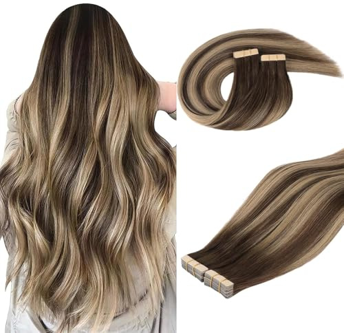 DOORES Tape Hair Extensions Human Hair, Balayage Chocolate Brown to Honey Blonde 22 Inch 40pcs 100g, Natural Tape in Real Hair Silky Straight