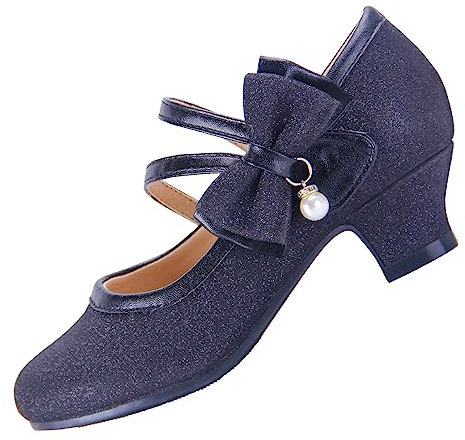 EIGHT KM Girls High Heel Dress Shoes Mary Jane Wedding Party Pump Princess Shoes EKM7035 Sparkle Glitter Pearl Minerva Black UK Toddler Size 8