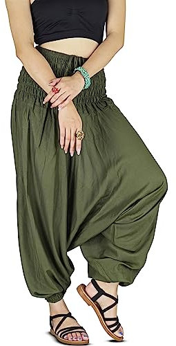 Boho Hippie Harem Pants Jumpsuit for Women – Lightweight Rayon Loose Dhoti Trousers with Elastic Waist for Lounge & Travel (Plain Army Green_S)
