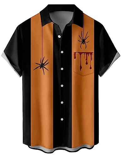 Hodaweisolp Mens Halloween Christmas Shirts Funky Santa Button Down Shirt Printed Short Sleeve Bowling Shirts, Halloween Spinne, Mittel