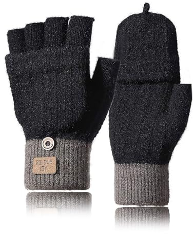 TATAFUN Fingerlose Damen-Handschuhe, Winter-Thermohandschuhe, Fäustlinge, gestrickte Handschuhe, Sport, warme und winddichte Handschuhe zum Skifahren, Radfahren, Damen und Herren, Schwarz , 18.5*21.5