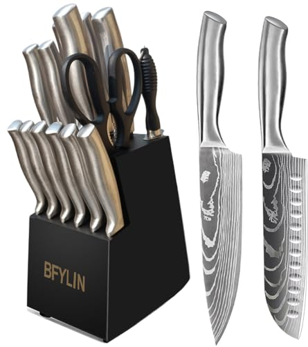 BFYLIN Messer set, 15 Teiliges Küchenmesser set mit Holzblock, Messer block set,Santokumesser Kochmesser Brotmesser Schälmesser Steakmesser Anspitzer (Silber)