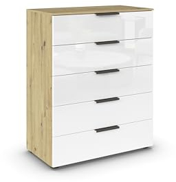 Rauch Möbel Flipp, Kommode, Farbe Glas Weiß/Eiche Artisan, Breite 80 cm | Sideboard, 5 Schubladen, Soft-Close-Funktion, für Schlafzimmer, Gästezimmer, Wohnzimmer, Garderobe, Flur