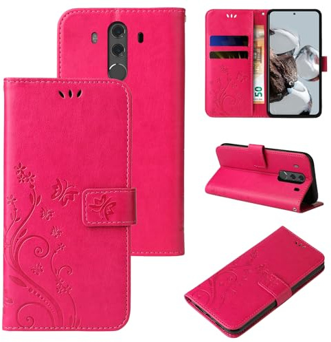 LBH Handy Hülle für Huawei Mate 10 Pro Case Handytasche Schmetterling Blumen Flower Standfunktion Schutzhülle Magnet Rundum Schutz 360 Grad Flipcase Cover Pink