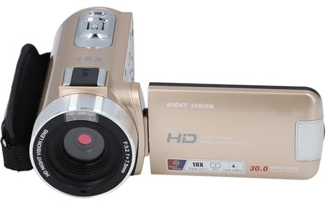 Registratore per Fotocamera Digitale, Videocamera Full HD 1080P 30MP con Display LCD Ruotabile a 270 ° da 3,0 Pollici, Zoom Digitale 18X, Visione Notturna, Videocamera (GOLD)