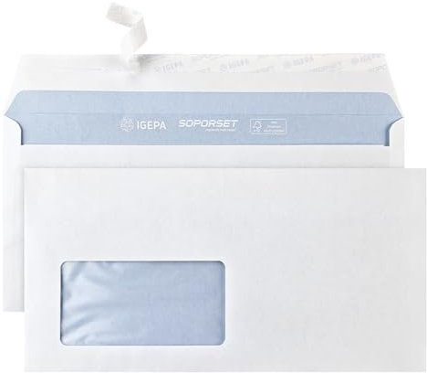 Netuno 100 weiße Briefumschläge mit Fenster links DIN Lang 110 x 220 mm Premium Geschäftsumschläge haftklebend hochwertige Fensterumschläge mit blauem Innendruck DIN-lang-Briefumschläge