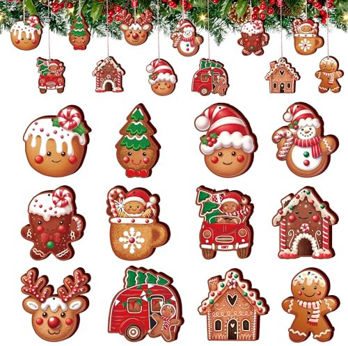 Alupssuc 24 Pieces Hanging Wooden Christmas Decorations, 12 Different Shapes Ornaments, Support DIY Crafts, Christmas Tree Baubles with Ropes for Holiday Wedding Party Decor, Gingerbread Set