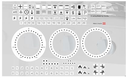 Cooker Symbol Sticker Set as Labelling, Symbol Sticker for Electric Cooker and Gas Cooker (RPM2/4/1) (Black Symbols on White Background)