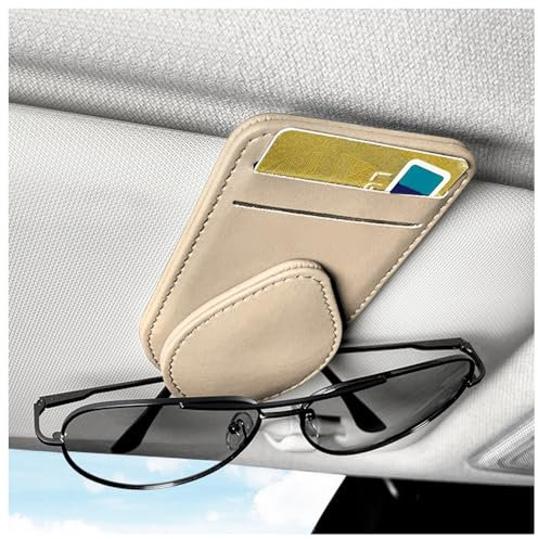 GTLM Magnetico Porta Occhiali Auto,Elegante Pelle Portaocchiali Auto con 2 Slot per Schede,Universale Multiuso Accessori Auto Interno per Riporre Occhiali,Occhiali da Sole,Carte (Beige)