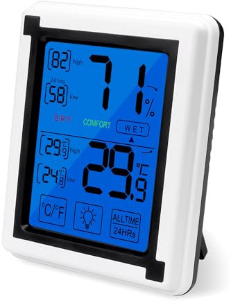 MEIRIYFA Termómetro digital con monitor de temperatura y humedad, higrómetro de interior, termómetro con pantalla táctil retroiluminada para casa, oficina, invernadero, sótano, habitación de bebé,