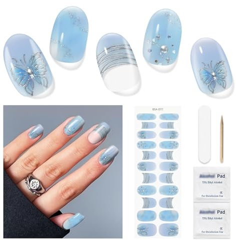 DUKASOU Semi Cured Gel Nail Strips No UV Light Needed, 22 PCS Gel Nail Stickers, Azure