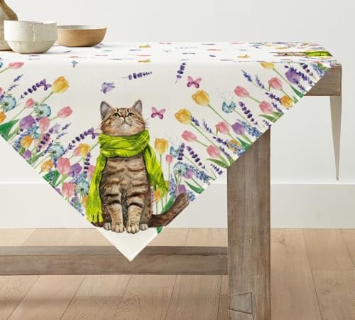 Artoid Mode Blumen Tulpen Lavendel Katze Frühling Tischwäsche, Küche Tisch Dekoration Drinnen Urlaub Party Dekor 100x100 cm