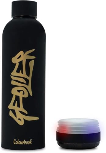 Colourbook Geolier - Borraccia Termica Acciaio Inox, Bottiglia Thermos, Cassa Bluetooth Integrata, Priva di BPA, 550 ml (Nero) + Penna e Quaderno Omaggio