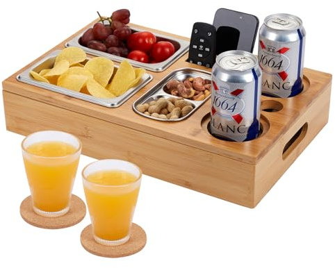 QOEOTUY 2 en 1 Couchbar Snackbox - Snackbar Couch mit 3 Snackschalen, 2 Untersetzern - Couch Bar aus Bambusholz mit Fächern, Abnehmbarer Deckel - Couchbar Organizer für Geschenke Männer