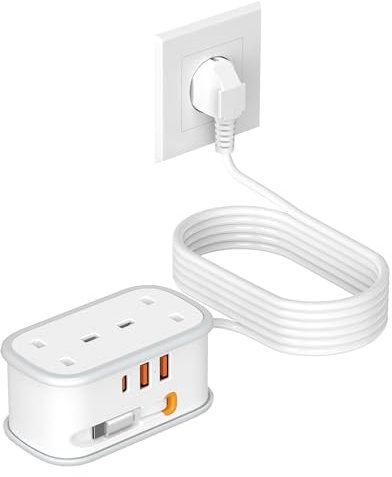 UK to European Plug Adapter with 1.5M Extension Cable, BEVA 2 Way 3 USB (2A+1C) Travel Adapter with Retractable USB C Cable for Germany France Spain Turkey Greece Iceland etc (Type E/F)