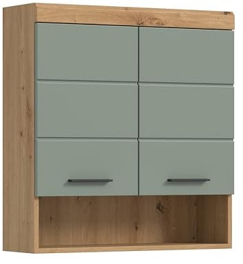 furnling Hängeschrank Scott, Wandhängeschrank Bad, 2 Türen, 1 offenes Fach, Badschrank, 74 cm breit, Salbei/Artisan Eiche