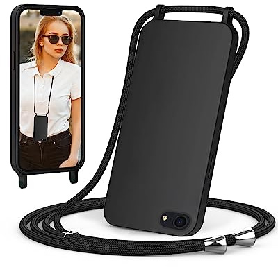 ScandiCasis Handykette für iPhone 16e Hülle mit Band, Handyhülle mit Schnur zum Umhängen, weiche TPU Silikonhülle mit Band [verstellbar] [abnehmbar] Halskettenhülle, Schwarz