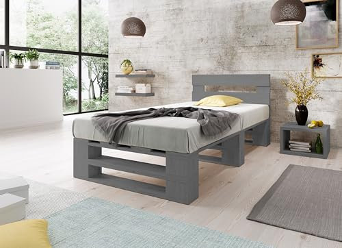 Lermowood Palettenbett M2 aus Holz 90 x 200 cm Grau mit Kopfteil Holzbett 40cm Stabiles Seniorenbett Kinderbett Jugendbett Gästebett erhöhtes Einzelbett Bettgestell Futonbett Komforthöhe Naturholz