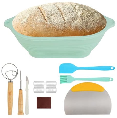 Brotgärkorb-Set aus Silikon – 7-teiliges Brotback-Zubehör | Mit ovalem Brotkorb, Teigschaber, Rostmesser, Ölpinsel & mehr – hygienisch, ideal für Ofen, Heißluftfritteuse und Sauerteigbrot – Grün