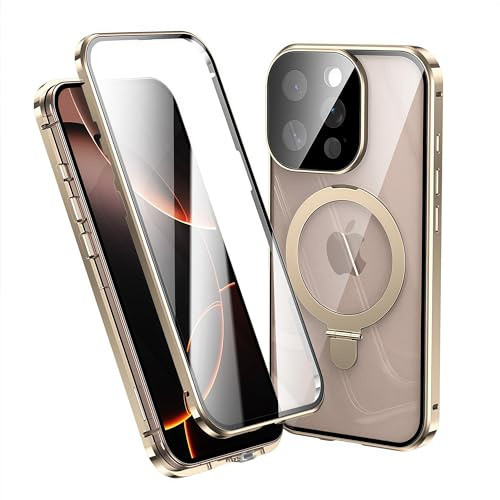 JIAONASHIJIA Passend für MagSafe iPhone 13 Pro Max Hülle, Integrierter Bildschirm- und Objektivschutz, Magnetischer Ringständer, Militärisch geprüfter Metallrahmen. Gelbabweisend, HD/Gold.