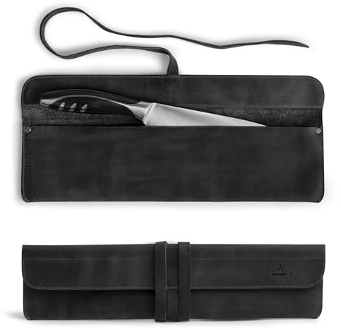 Leather Chef Knife Sheath, Single Case for Chef's Knives, Kitchen Small Storage Bag, Roll Bags for Travel, Professional Chefs Carrying Wrap Holder, Butcher Rolls Carrier (Charcoal Black)
