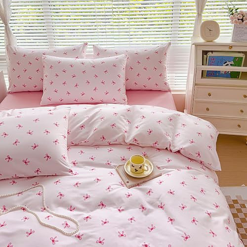 Nyescasa Housse de Couette 200x200 Nœud Papillon Rose et Petit Coeur Rouge Romantique Parure de lit Adulte 2 Personnes en Microfibre Housse Couette avec Fermeture Éclair et 2 Taies d'oreiller 65x65 cm