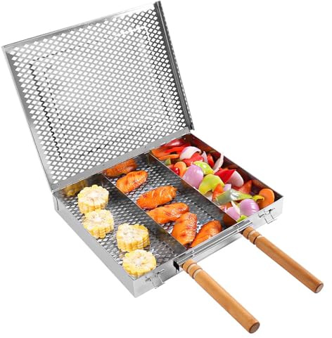 Qcwwy Grill Korb, Edelstahl-Klapp Grill Körbe mit Griff Tragbar Outdoor Camping Barbecue Grill Regal BBQ Grill Korb mit Abnehmbaren Teiler für Fleisch Gemüse (Doppelgriff)
