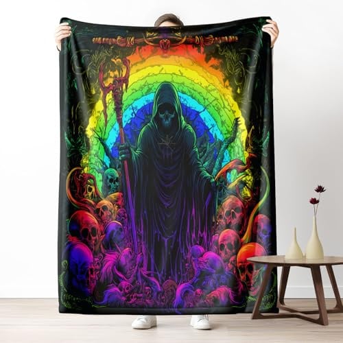 Sshjfeu Sensenmann Totenkopf Fleecedecke 160x200, Gotisch Hippie Skull Wärmedecke, Halloween Skelett Kuscheldecke Flauschig, Decke Sofadecke Wolldecke Wohndecke für Frühling Sommer Herbst Winter