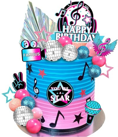 Wasise Music Cake Toppers - 32PCS Music Themed Cake Decorations with Disco Balls and Notes, Disco Theme Decorations, Singing Cakes Topper for Karaoke, Graduation Supplies, Musical Birthday Party