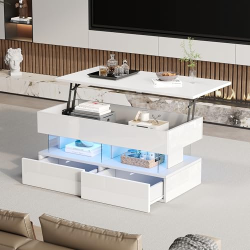 Mesa de centro elevable con tablero de altura ajustable y espacio de almacenamiento oculto, mesa auxiliar brillante con LED, mesa de café con 2 cajones, color blanco, cristal templado, 100 x 50 x 46