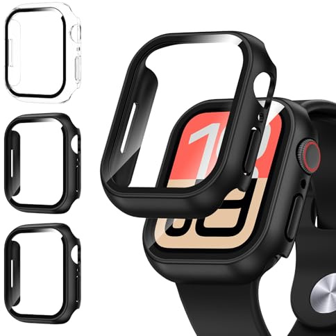 Kamita [3Piezas] Funda Compatible con Apple Watch Serie SE 3/SE 2/SE/6/5/4 44mm, Duro PC Bumper Case con Protector de Pantalla Cristal Templado, Carcasa Protectora para iWatch 44 (Claro+Negro+Negro)