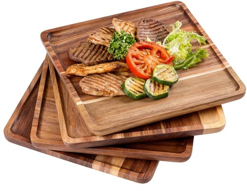 SWEWARM 4-Piece Acacia Wood Square Serving Plates Set - 25cm Stackable Trays for Kitchen, Dining & Entertaining