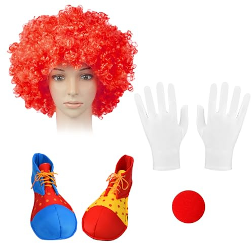 4 PCS Clown Kostüm Erwachsene Set, für Halloween,Fasching,Zirkus Requisiten | Clown Kostümzubehör, Lockenperücke Clown Perücke, ClownSchuhe, ClownNase Rot, Weiß Handschuhe