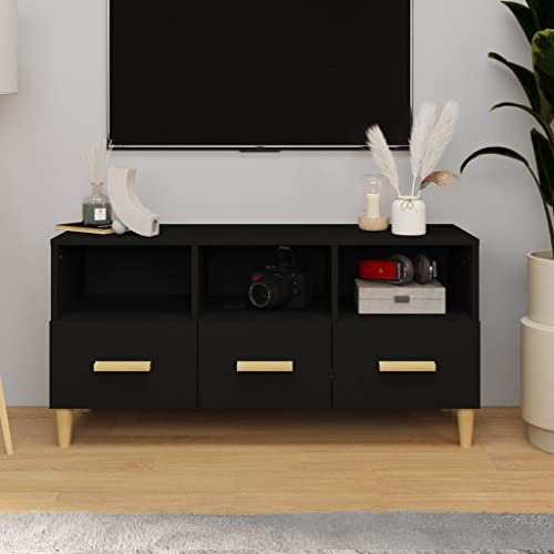 GeenYuu TV-Schrank Schwarz, 102x36x50 cm, Holzwerkstoff mit Eukalyptus, Moderner Media-Schrank mit Schubladen, Stabile Tischplatte für Wohnzimmer, universal tv Stand