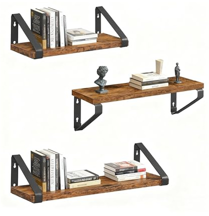 Relaxdays Wandregal, 3er Set, 3 Größen: 30, 35, 40 cm Breite, Holzoptik & Metall, Wandbretter für Bücher & Deko, braun