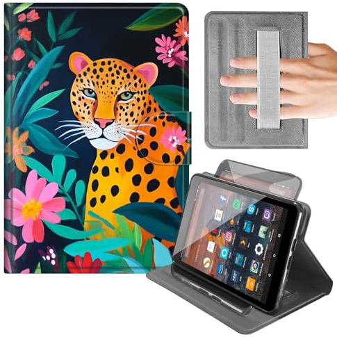 Case for Kindle Fire HD 10 & 10 Plus Tablet (13th/11th Gen, 2023/2021 Release) 10.1,Cover with Built-in Hand Strap,Horizontal & Vertical Stand,Auto Wake/Sleep,Leopard Green Leaves Design