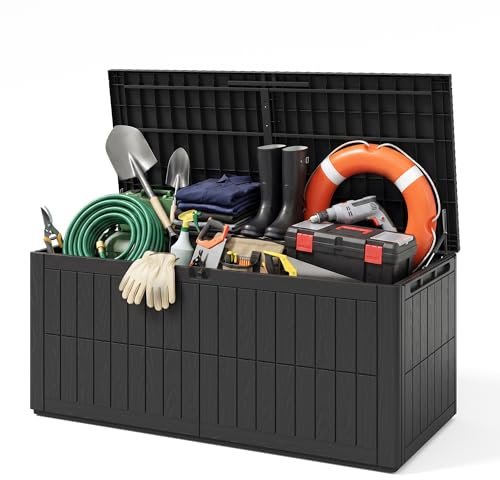 UDPATIO Garden Storage Box 680L, Waterproof Outdoor Storage Chest with Hydraulic Pistons, Wood Effect Plastic Garden Delivery Box with Lockable Lid for Gardening Tools, Cushions